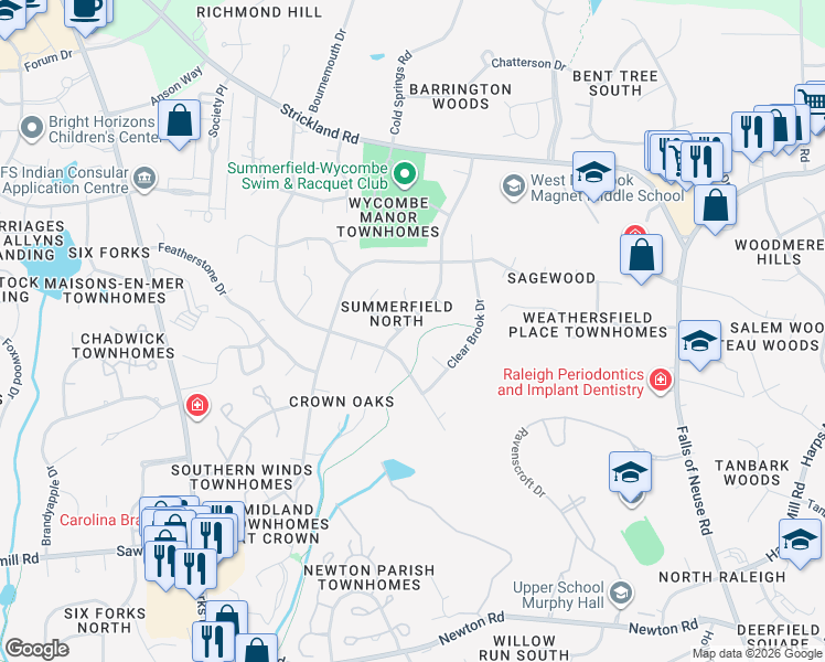 map of restaurants, bars, coffee shops, grocery stores, and more near 8116 Running Cedar Trail in Raleigh