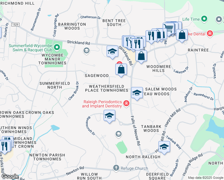 map of restaurants, bars, coffee shops, grocery stores, and more near 718 Weathergreen Dr in Raleigh
