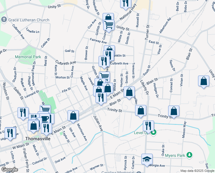 map of restaurants, bars, coffee shops, grocery stores, and more near 101 National Highway in Thomasville