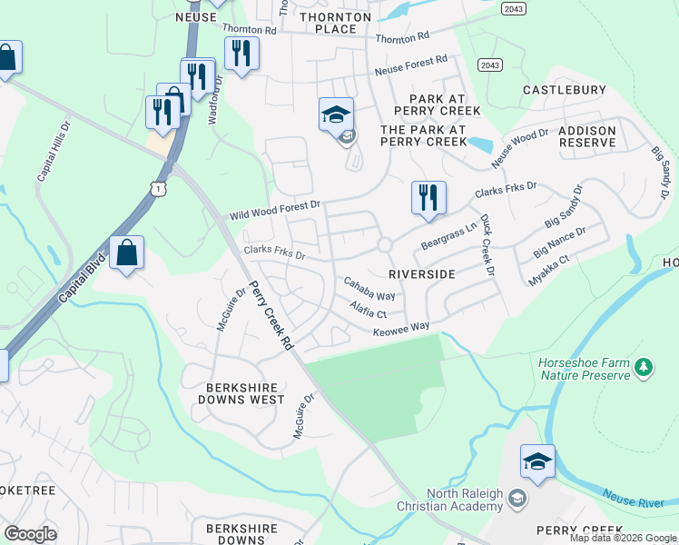 map of restaurants, bars, coffee shops, grocery stores, and more near 5239 Little Sandy Drive in Raleigh
