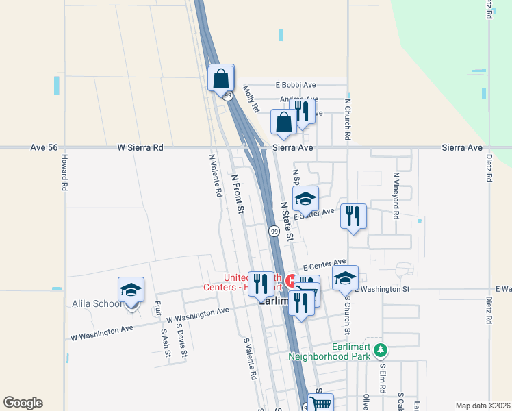 map of restaurants, bars, coffee shops, grocery stores, and more near 595 North Market Road in Earlimart