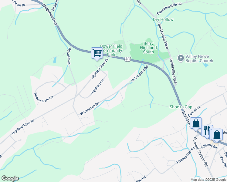 map of restaurants, bars, coffee shops, grocery stores, and more near 8900 West Simpson Road in Knoxville