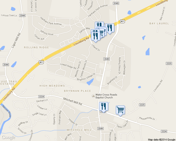 map of restaurants, bars, coffee shops, grocery stores, and more near 7417 Lowell Ridge Road in Raleigh