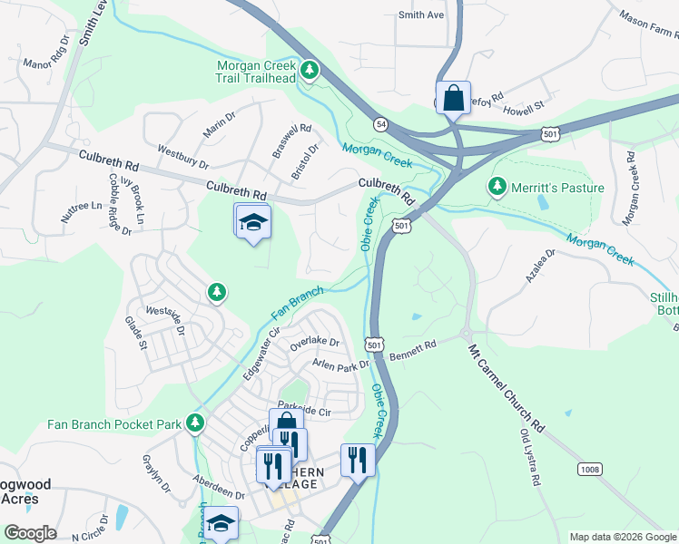 map of restaurants, bars, coffee shops, grocery stores, and more near 207 Fan Branch Lane in Chapel Hill