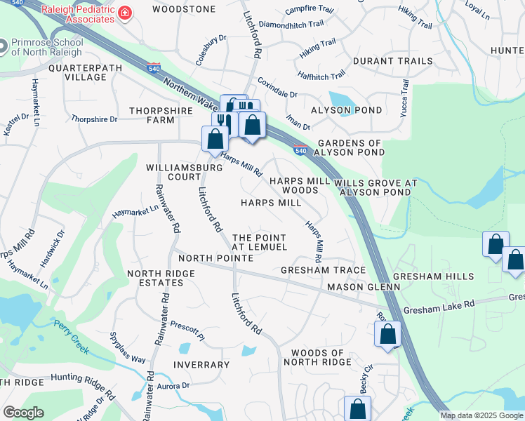map of restaurants, bars, coffee shops, grocery stores, and more near 8616 Swarthmore Drive in Raleigh