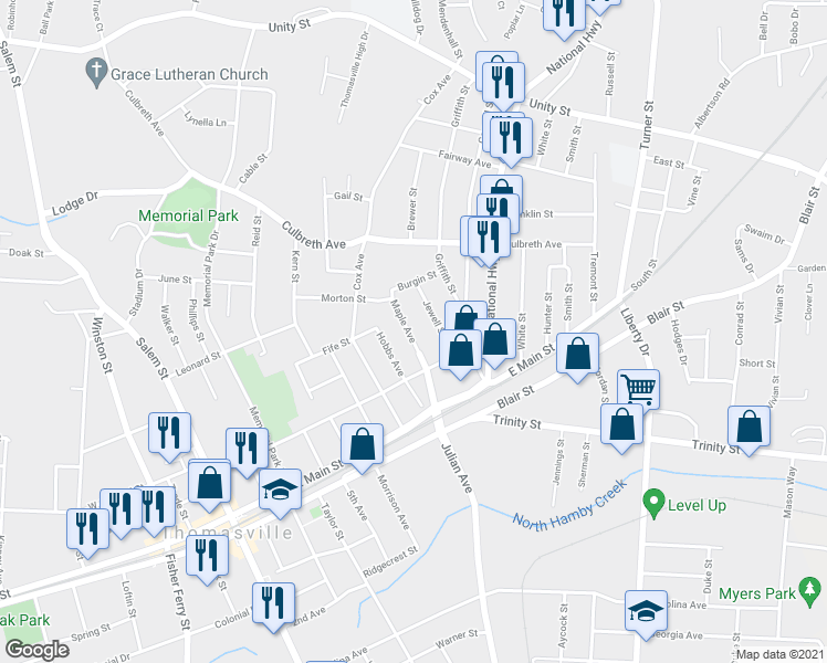 map of restaurants, bars, coffee shops, grocery stores, and more near 115 Maple Avenue in Thomasville