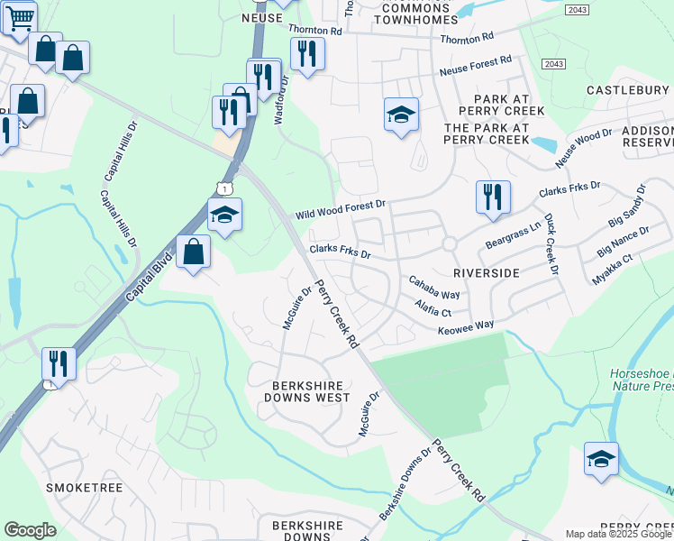 map of restaurants, bars, coffee shops, grocery stores, and more near 5111 Obion Court in Raleigh