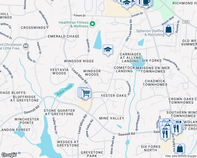 map of restaurants, bars, coffee shops, grocery stores, and more near 8012 Grey Oak Drive in Raleigh
