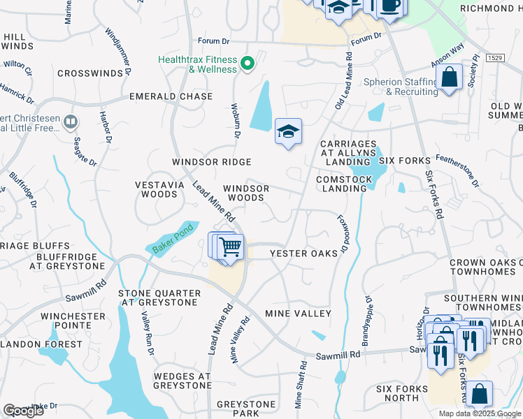 map of restaurants, bars, coffee shops, grocery stores, and more near 8008 Grey Oak Drive in Raleigh