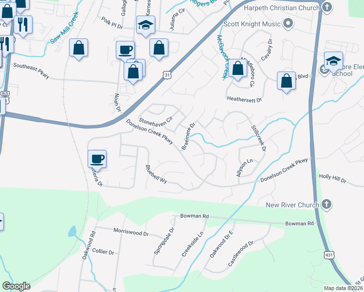 map of restaurants, bars, coffee shops, grocery stores, and more near 703 Braemere Drive in Franklin