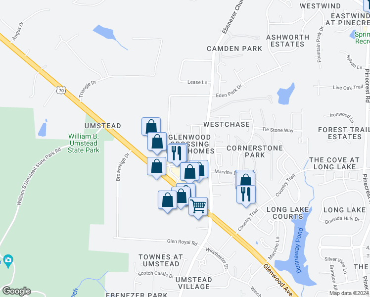 map of restaurants, bars, coffee shops, grocery stores, and more near 8710 Braxwood Place in Raleigh