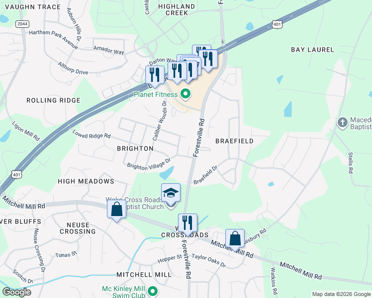 map of restaurants, bars, coffee shops, grocery stores, and more near 8113 Inverbrass Court in Raleigh