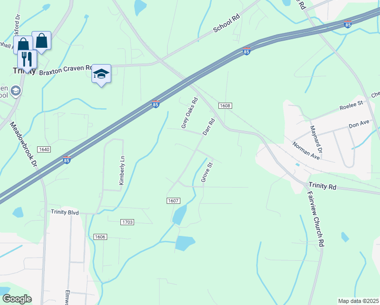 map of restaurants, bars, coffee shops, grocery stores, and more near 5185 Darr Road in Trinity
