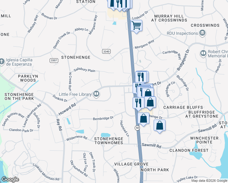 map of restaurants, bars, coffee shops, grocery stores, and more near 2705 Farnborough Road in Raleigh