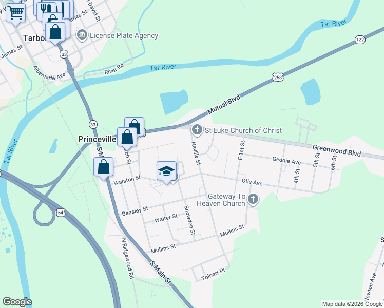 map of restaurants, bars, coffee shops, grocery stores, and more near 114 Neville Street in Princeville