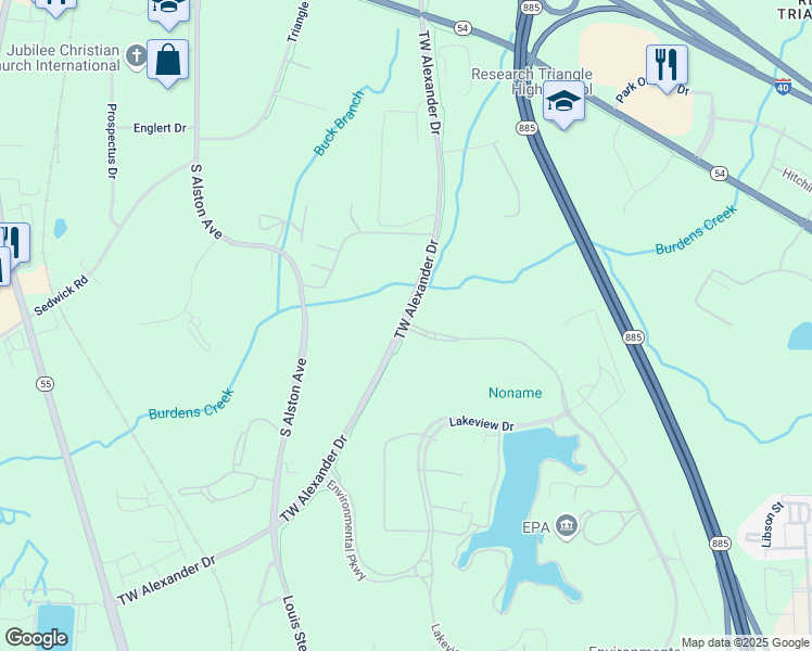 map of restaurants, bars, coffee shops, grocery stores, and more near 109 TW Alexander Drive in Durham County