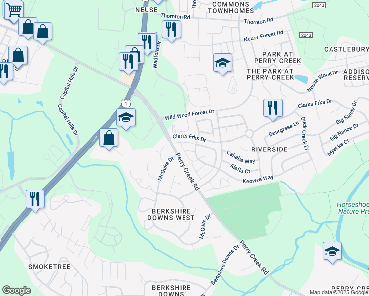 map of restaurants, bars, coffee shops, grocery stores, and more near 5105 Obion Court in Raleigh