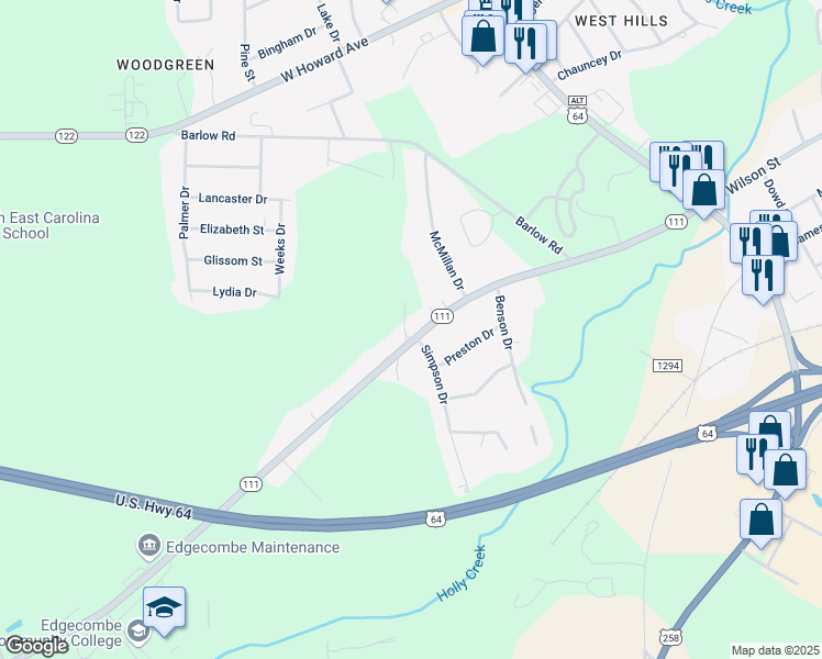 map of restaurants, bars, coffee shops, grocery stores, and more near 1719 West Wilson Street in Tarboro