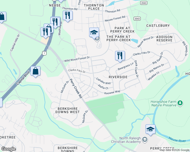map of restaurants, bars, coffee shops, grocery stores, and more near 5239 Little Sandy Drive in Raleigh