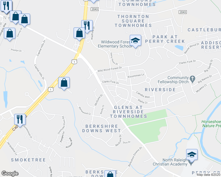 map of restaurants, bars, coffee shops, grocery stores, and more near 5105 Obion Court in Raleigh
