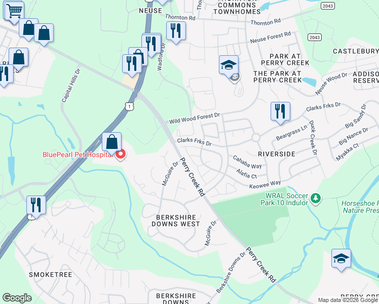 map of restaurants, bars, coffee shops, grocery stores, and more near 5105 Obion Court in Raleigh