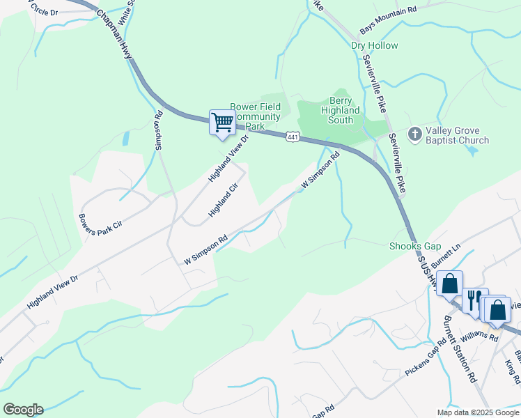 map of restaurants, bars, coffee shops, grocery stores, and more near 8900 West Simpson Road in Knoxville