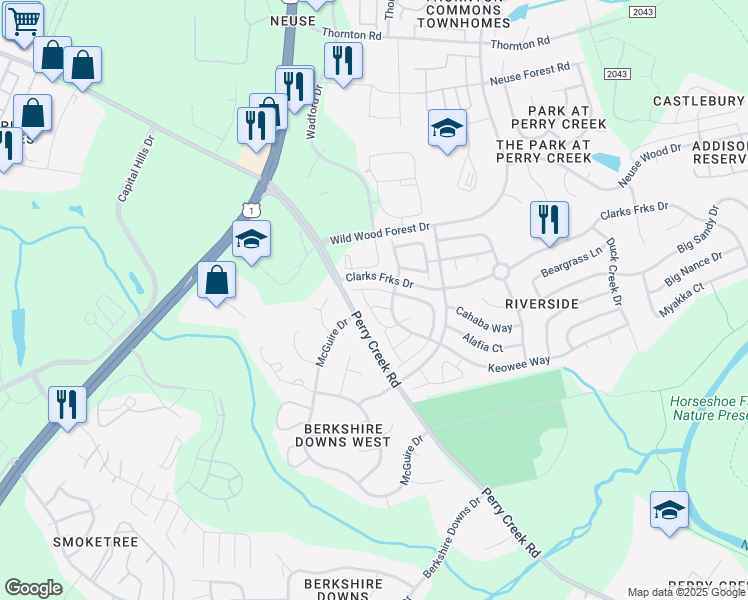 map of restaurants, bars, coffee shops, grocery stores, and more near 5105 Obion Court in Raleigh