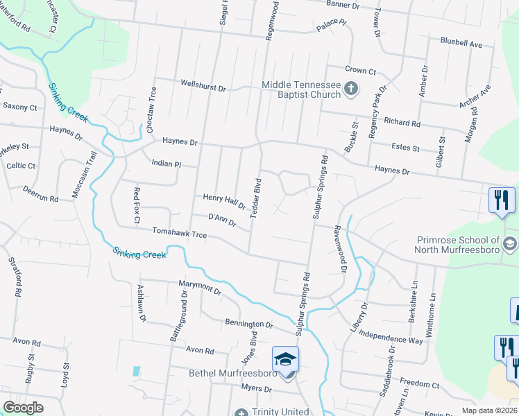 map of restaurants, bars, coffee shops, grocery stores, and more near 2234 Tedder Boulevard in Murfreesboro