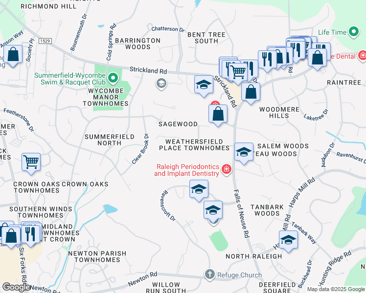 map of restaurants, bars, coffee shops, grocery stores, and more near 610 Weathergreen Drive in Raleigh