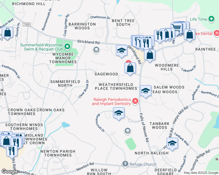 map of restaurants, bars, coffee shops, grocery stores, and more near 610 Weathergreen Drive in Raleigh