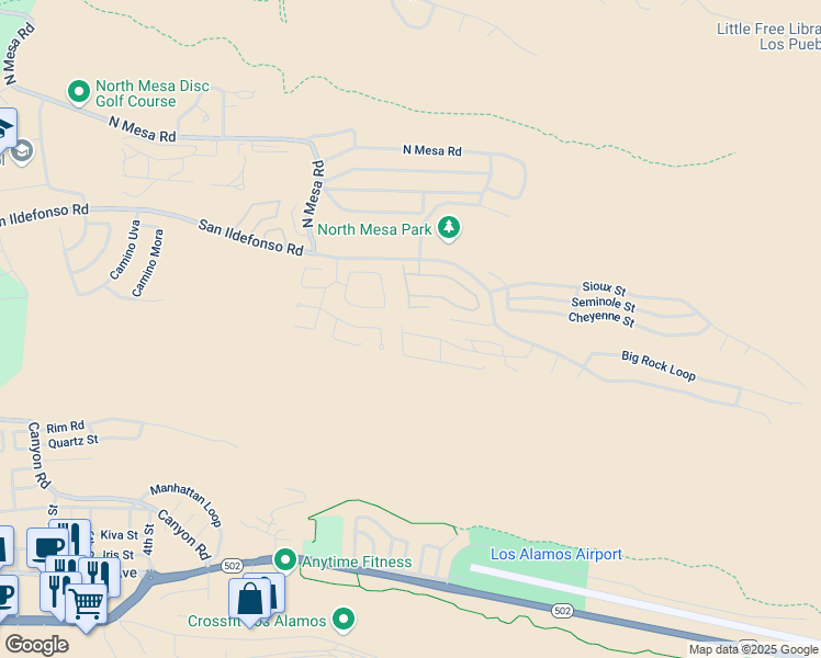 map of restaurants, bars, coffee shops, grocery stores, and more near 912 Alamo Road in Los Alamos