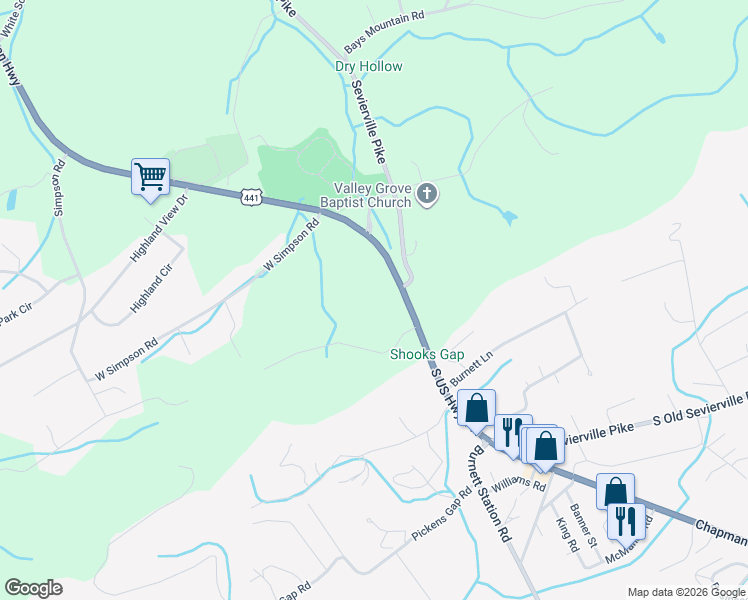 map of restaurants, bars, coffee shops, grocery stores, and more near 9109 Chapman Highway in Knoxville
