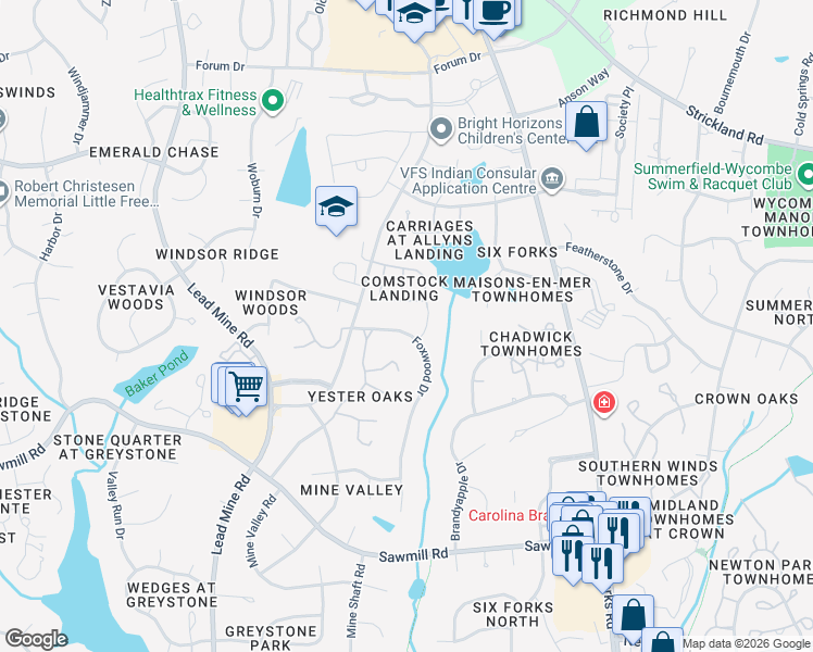map of restaurants, bars, coffee shops, grocery stores, and more near 8004 Foxwood Drive in Raleigh