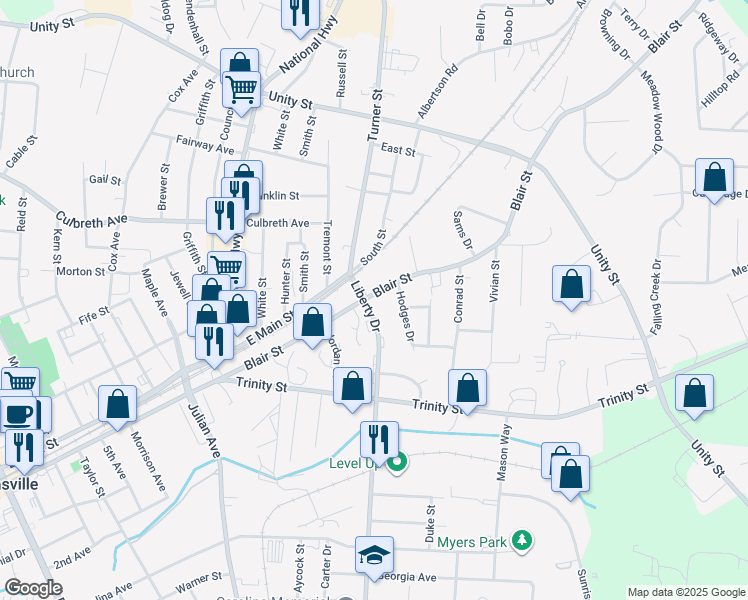 map of restaurants, bars, coffee shops, grocery stores, and more near 1001 Blair Street in Thomasville