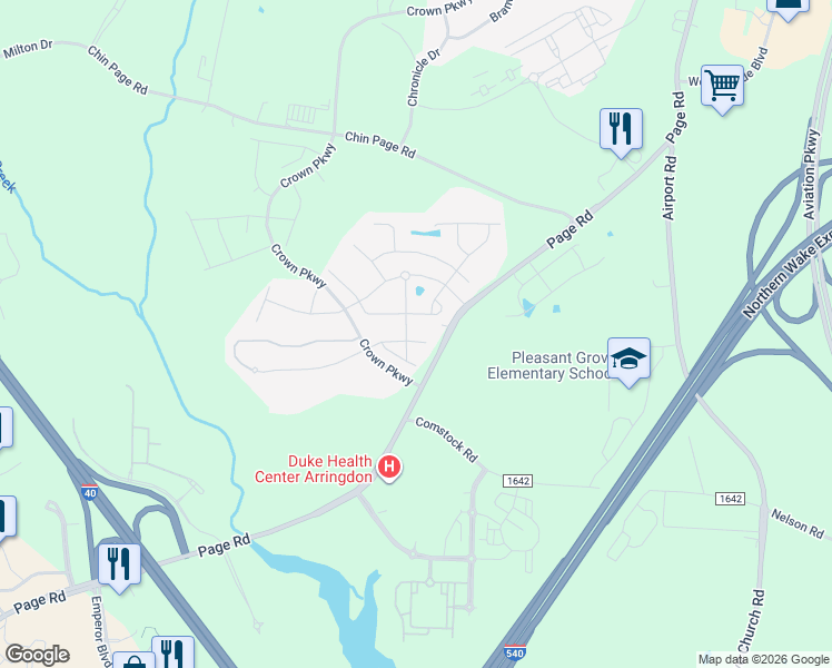map of restaurants, bars, coffee shops, grocery stores, and more near 4501 Crown Parkway in Morrisville