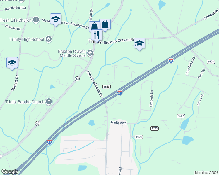map of restaurants, bars, coffee shops, grocery stores, and more near 5240 Ridge Drive in Trinity