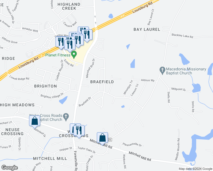 map of restaurants, bars, coffee shops, grocery stores, and more near 8124 Willowglen Drive in Raleigh