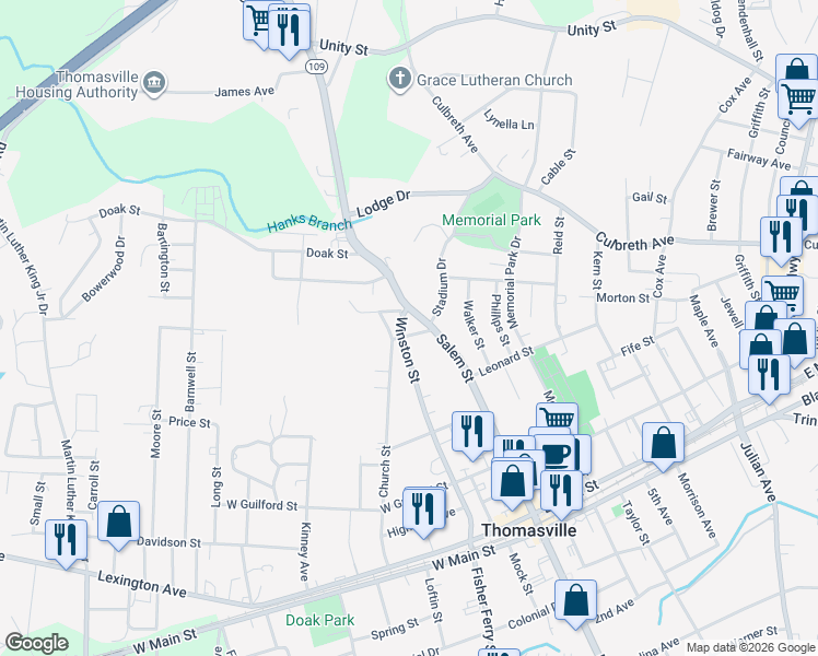 map of restaurants, bars, coffee shops, grocery stores, and more near 10 Arlington Avenue in Thomasville