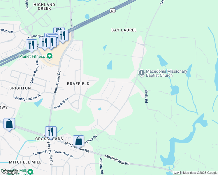 map of restaurants, bars, coffee shops, grocery stores, and more near 3936 Mountjoy Trail in Raleigh