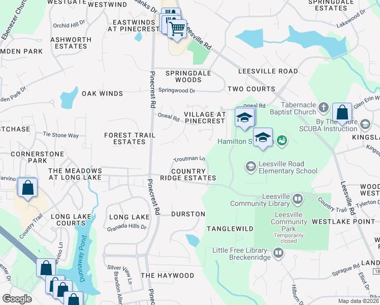map of restaurants, bars, coffee shops, grocery stores, and more near 5228 Troutman Lane in Raleigh