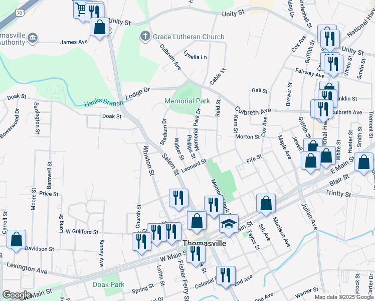 map of restaurants, bars, coffee shops, grocery stores, and more near 314 Phillips Street in Thomasville