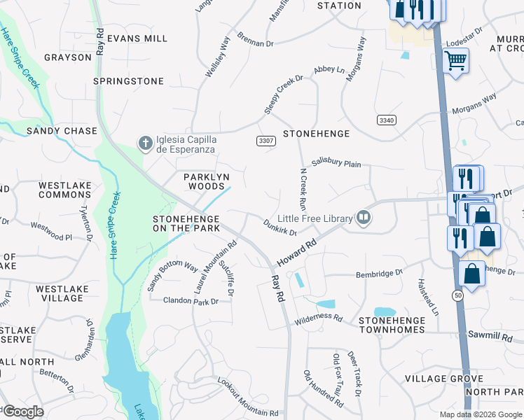 map of restaurants, bars, coffee shops, grocery stores, and more near 2904 Dunkirk Drive in Raleigh