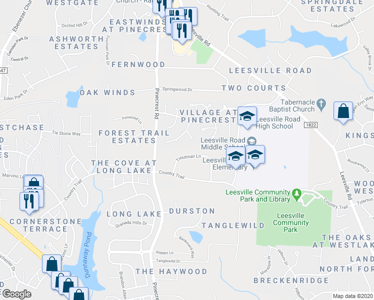 map of restaurants, bars, coffee shops, grocery stores, and more near 5228 Troutman Lane in Raleigh