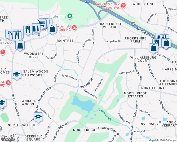 map of restaurants, bars, coffee shops, grocery stores, and more near 1504 Favorwood Court in Raleigh