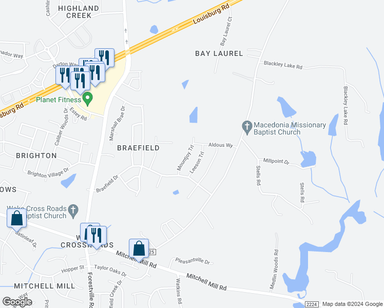 map of restaurants, bars, coffee shops, grocery stores, and more near 3936 Mountjoy Trail in Raleigh