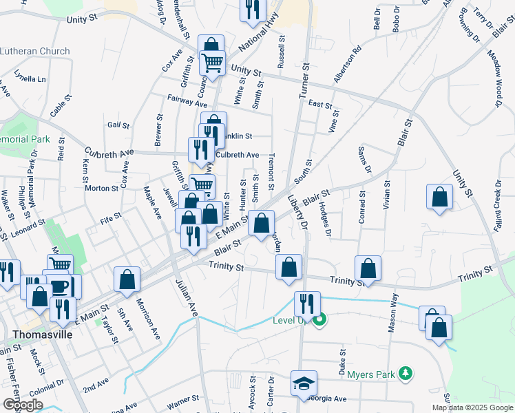 map of restaurants, bars, coffee shops, grocery stores, and more near 103 Smith Street in Thomasville