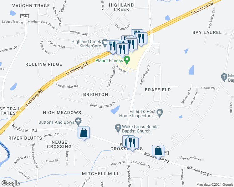 map of restaurants, bars, coffee shops, grocery stores, and more near 7536 Argent Valley Drive in Raleigh