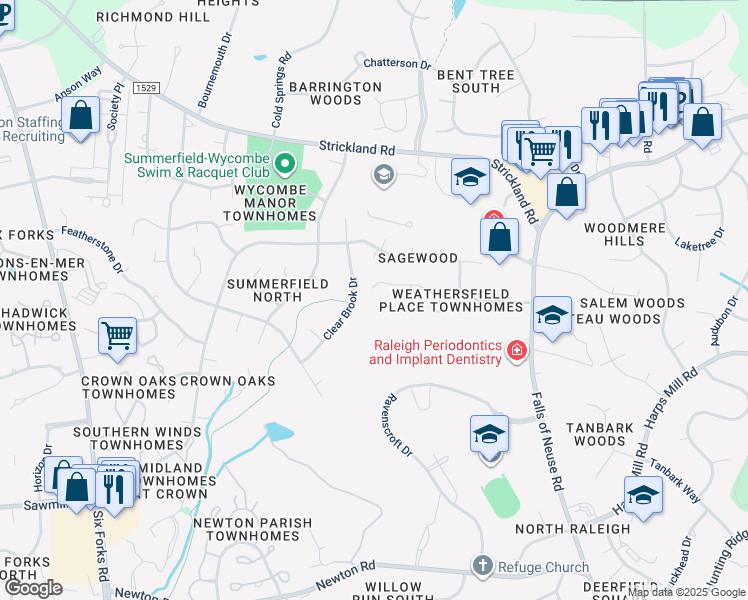 map of restaurants, bars, coffee shops, grocery stores, and more near 414 Weathergreen Drive in Raleigh