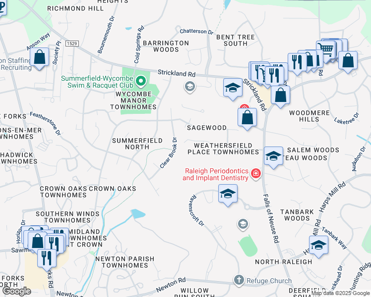 map of restaurants, bars, coffee shops, grocery stores, and more near 414 Weathergreen Drive in Raleigh