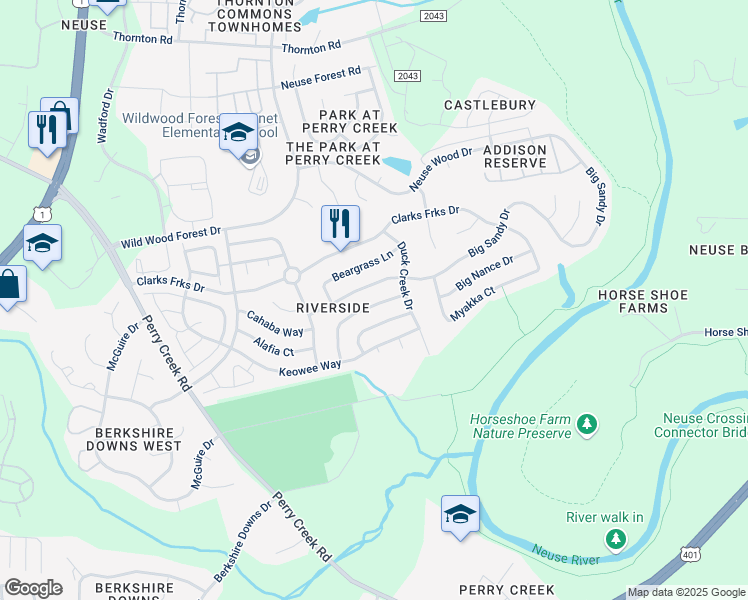 map of restaurants, bars, coffee shops, grocery stores, and more near 5705 Enoree Lane in Raleigh